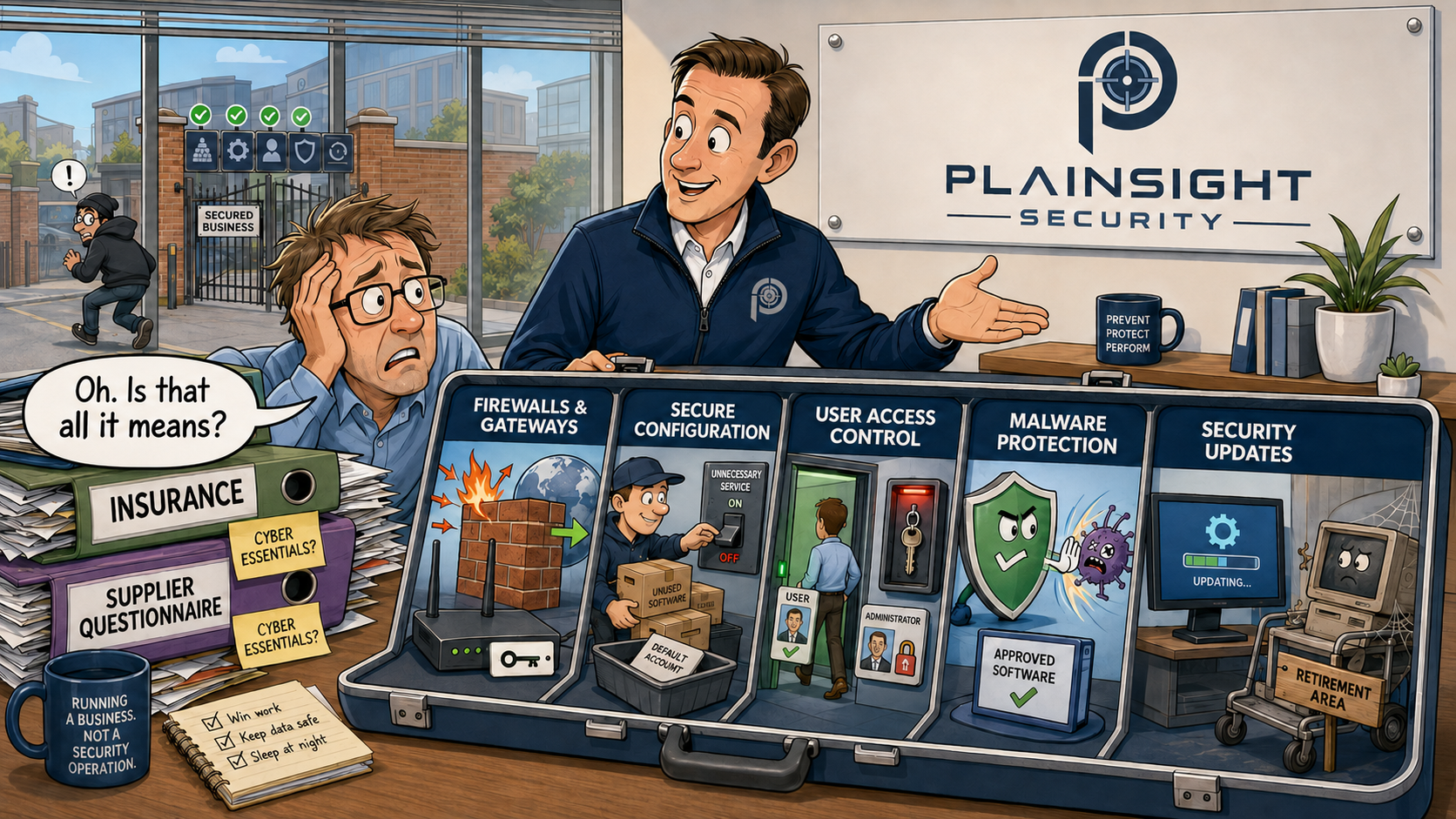 Business owner learning how the five Cyber Essentials security controls protect company devices and data.