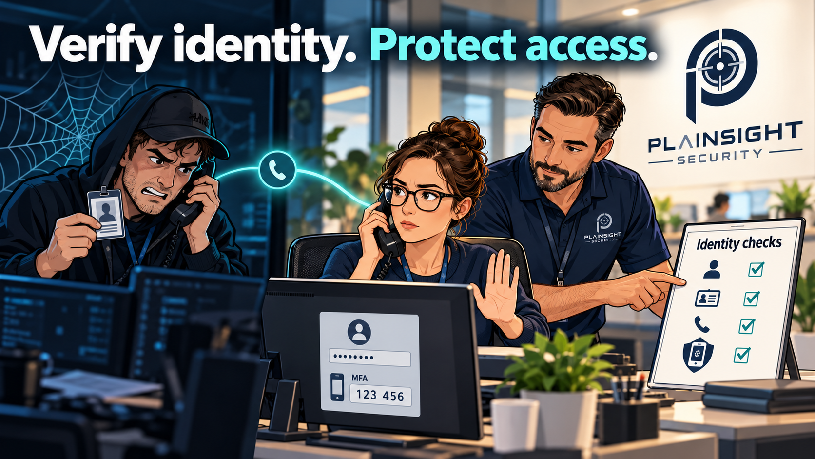 Plainsight Security consultant helping an IT helpdesk verify identity and stop an account impersonation attempt.