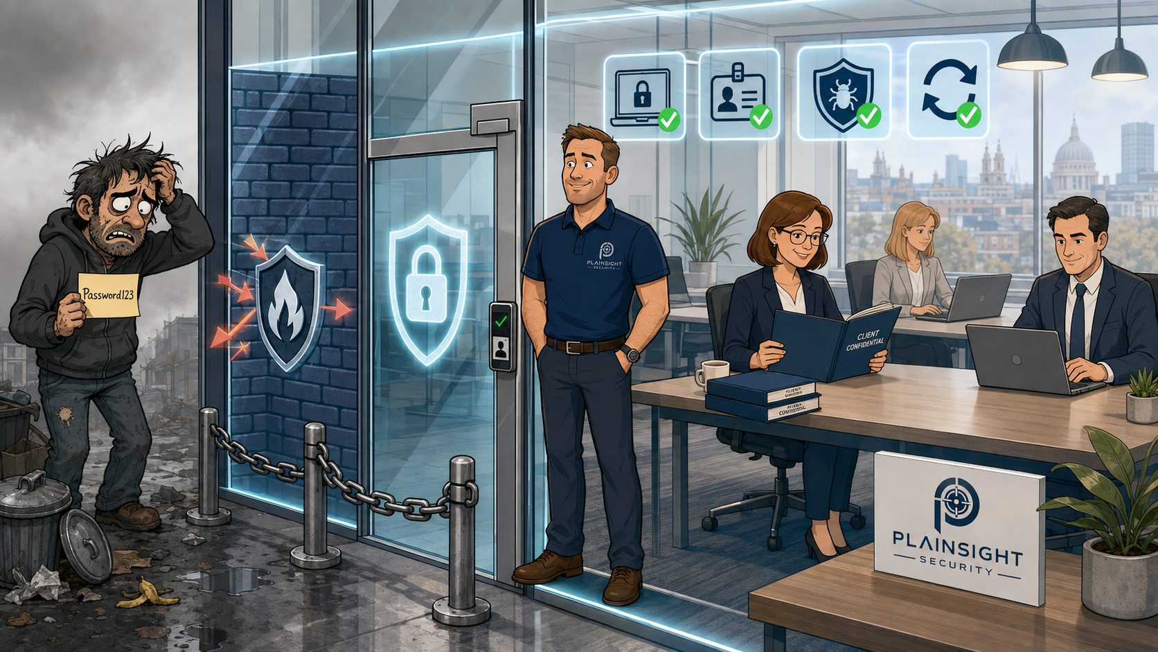 Professional services team discussing Cyber Essentials controls for protecting confidential client information.