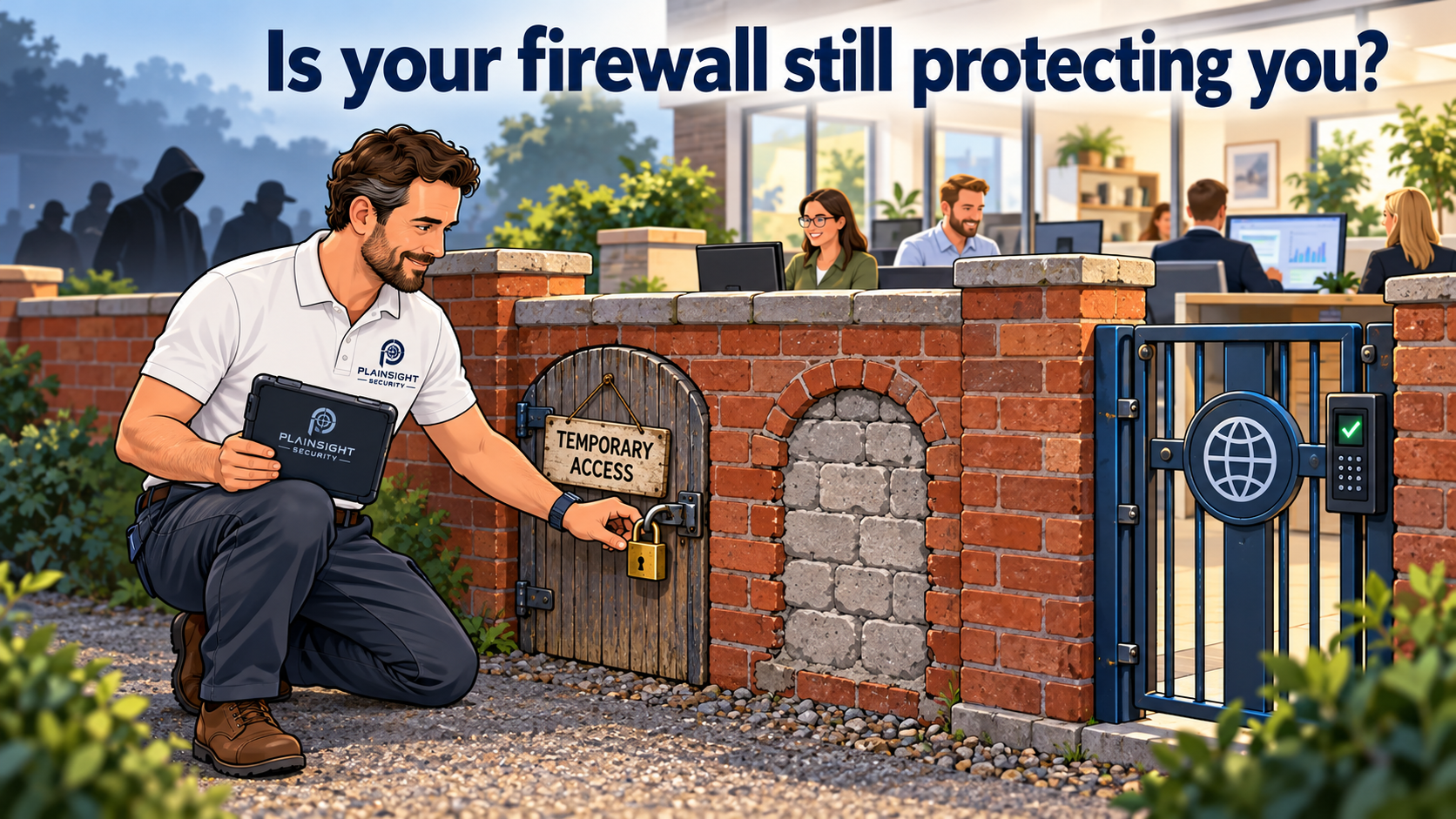 Plainsight Security consultant reviewing firewall access rules and closing an obsolete temporary access gate.