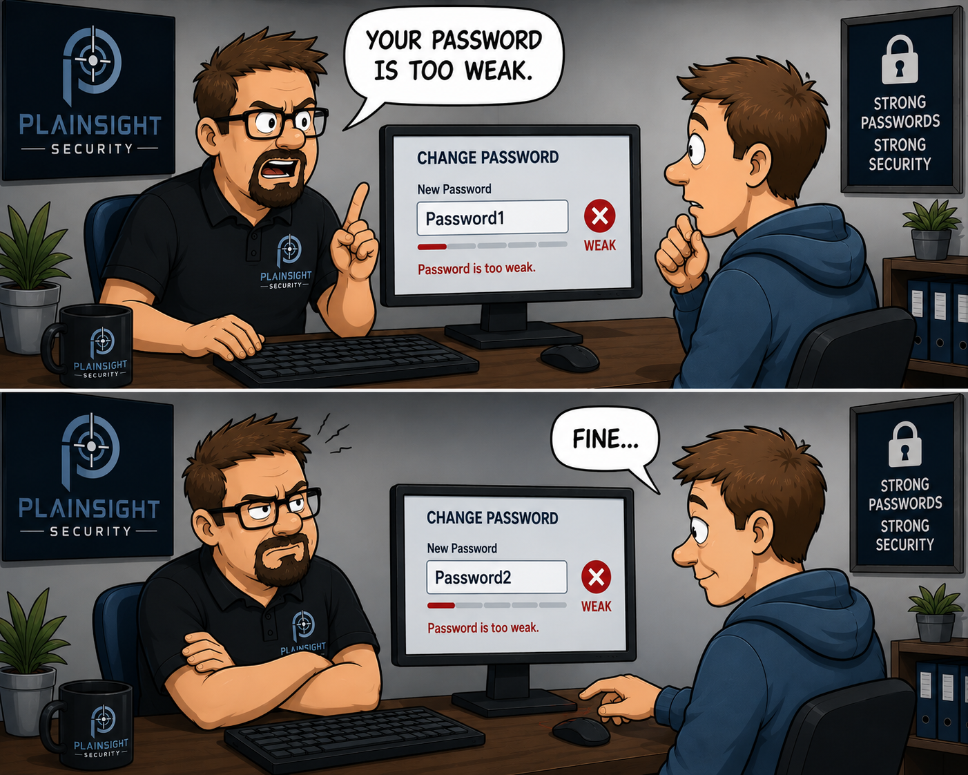 Attacker predicting common password patterns while a security tester explains the risks of human behaviour.
