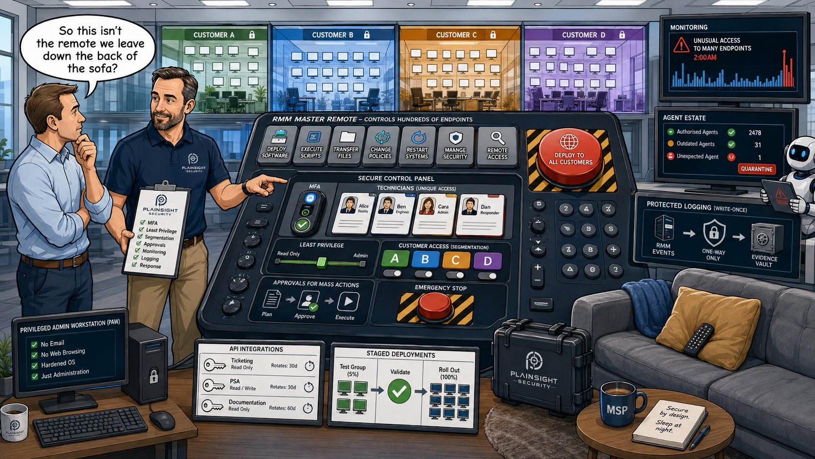MSP security team monitoring privileged remote management access across multiple customer environments
