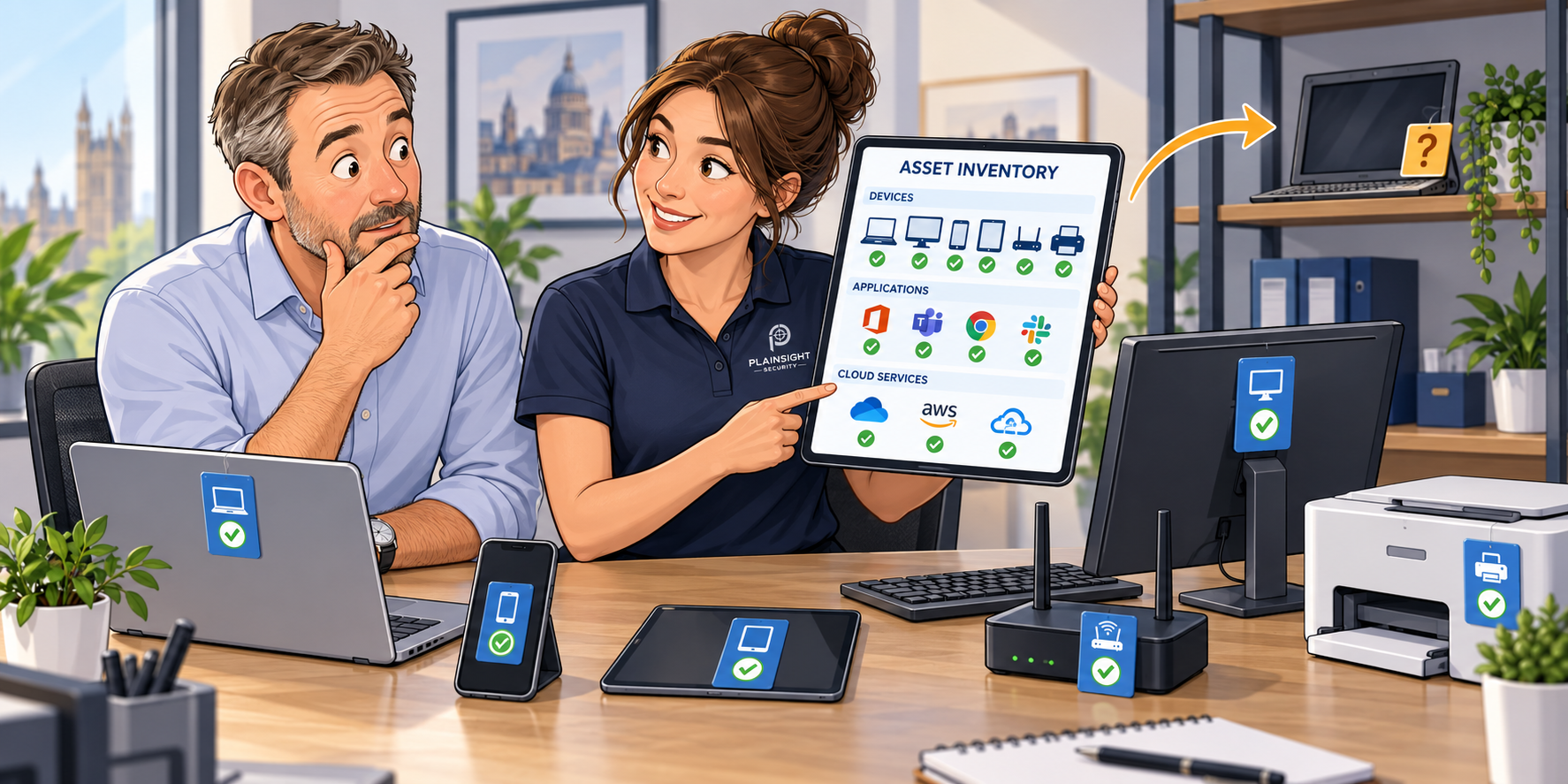 A Plainsight Security consultant helping a customer with an asset inventory while unidentified devices sit around the scene.