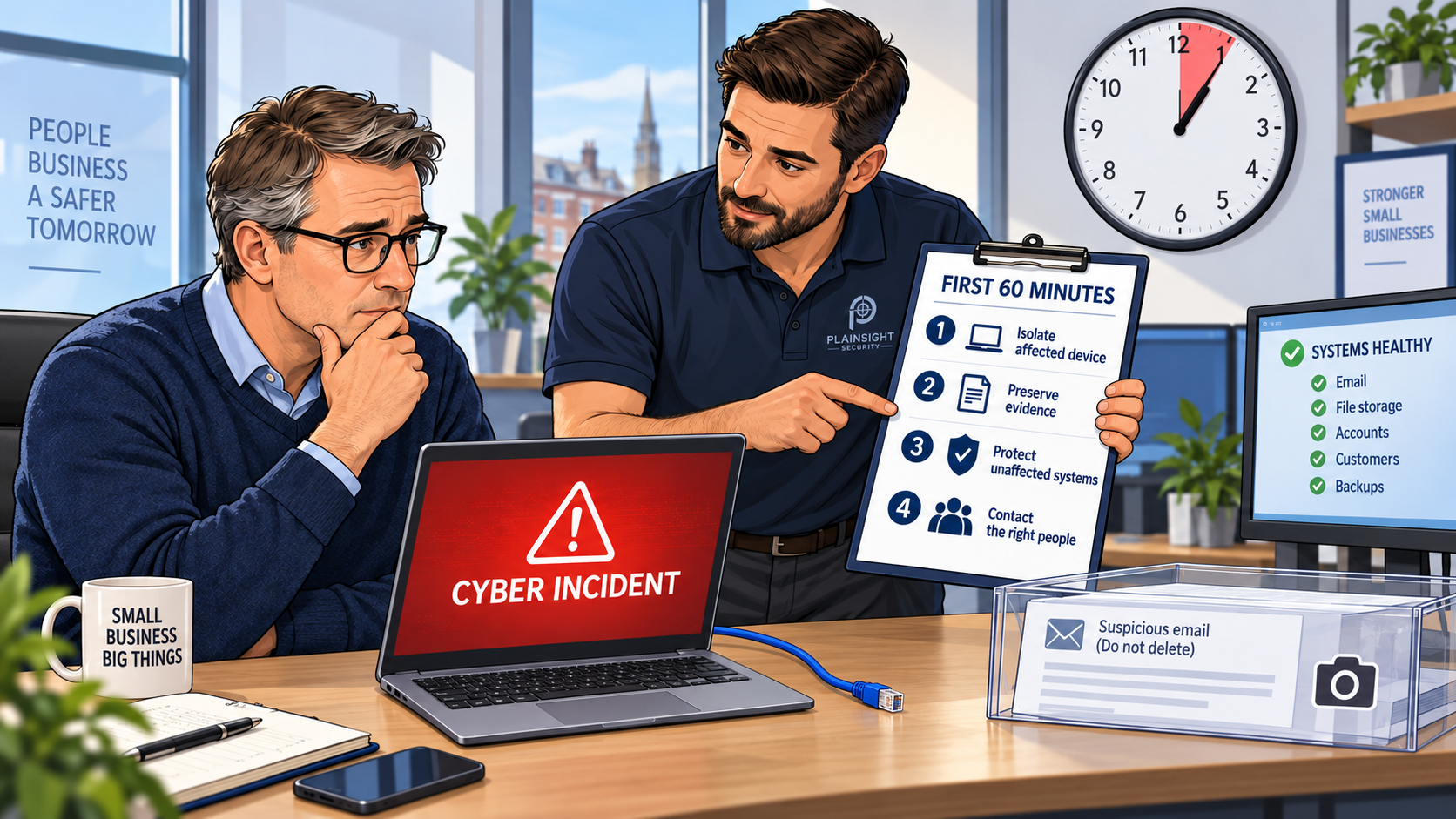 A Plainsight Security consultant assisting a customer with an incident response checklist while a laptop shows a Cyber Incident caption.