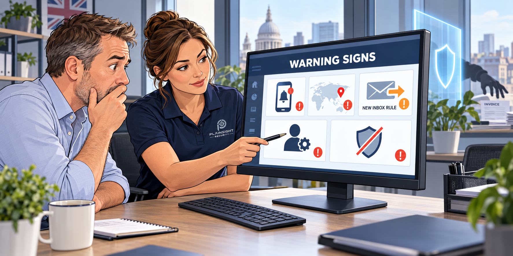 A Plainsight Security consultant showing a business owner the warning signs that their business has been hacked.