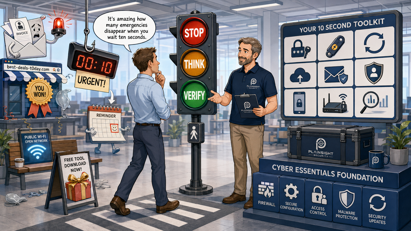 Illustrated cybersecurity checklist showing practical ways businesses can reduce their exposure to cybercrime.