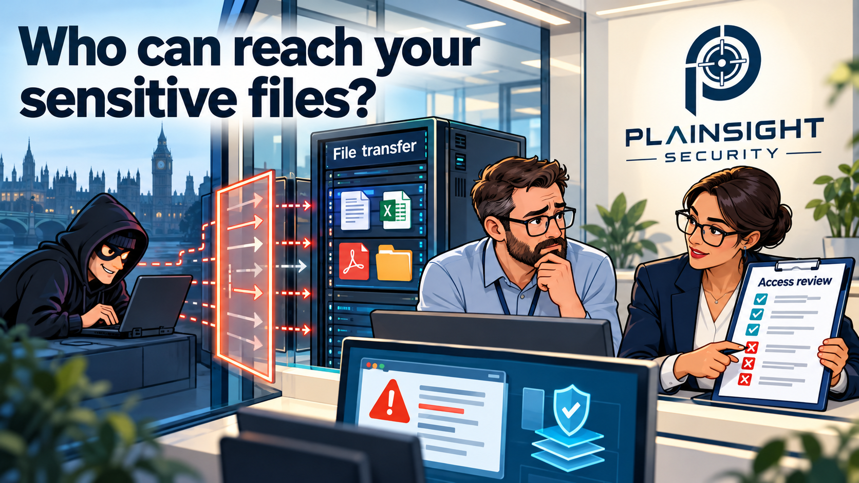 Plainsight Security consultant reviewing firewall access rules and file-transfer security to identify unnecessary exposure of sensitive business data.