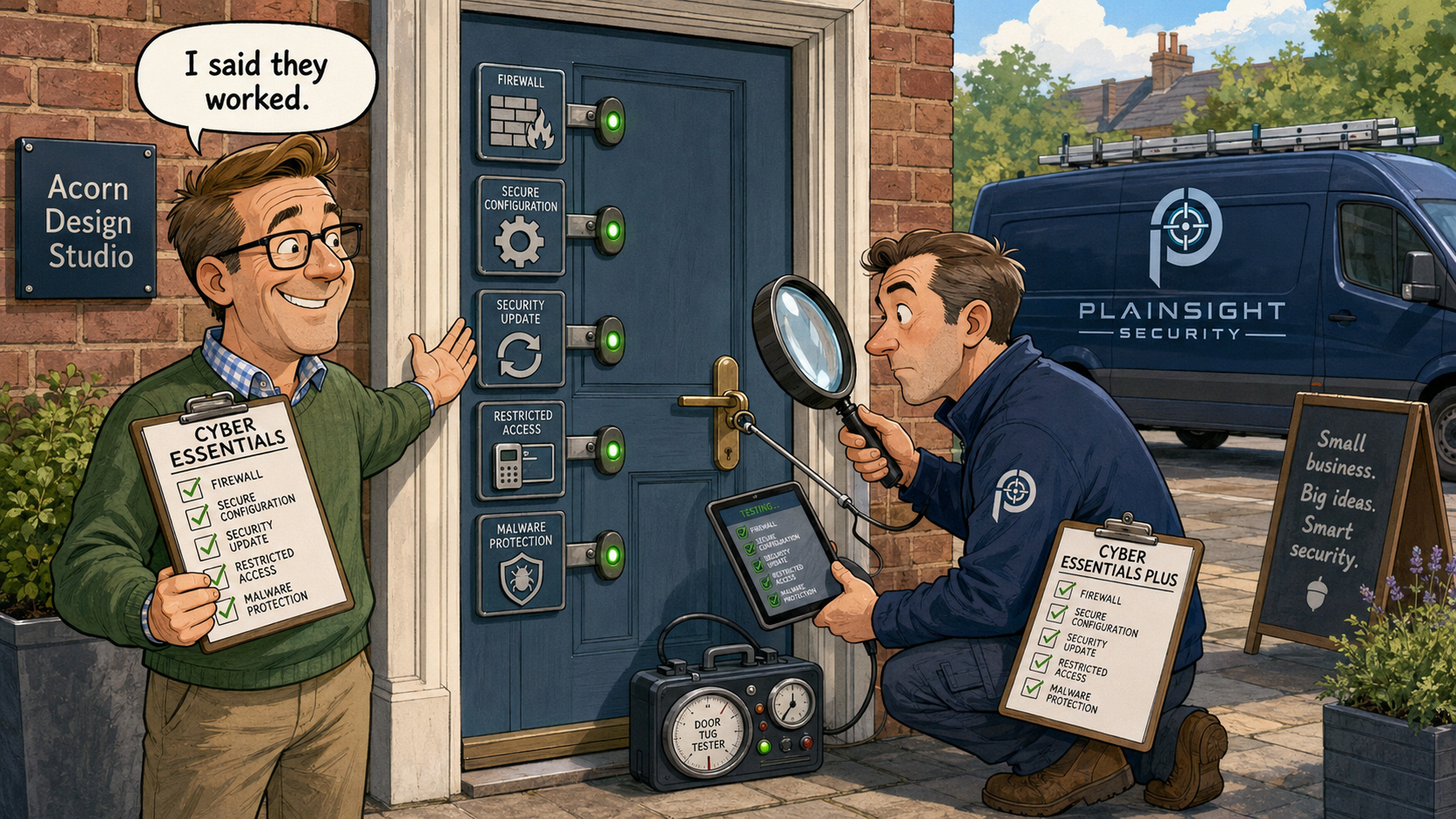 Business owner comparing Cyber Essentials self-assessment with independently tested Cyber Essentials Plus.