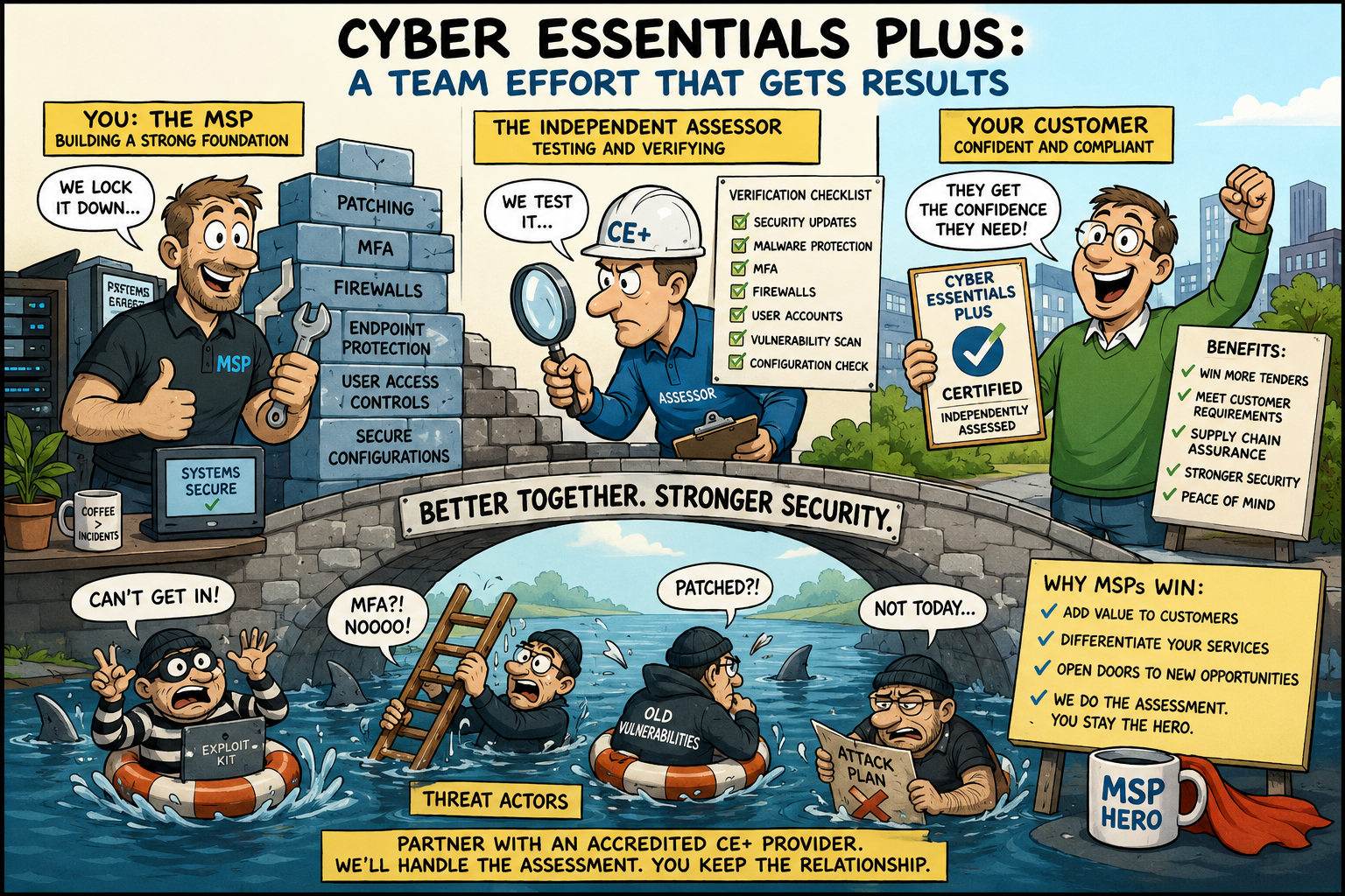 MSP and independent assessor working together to help customers achieve Cyber Essentials Plus.