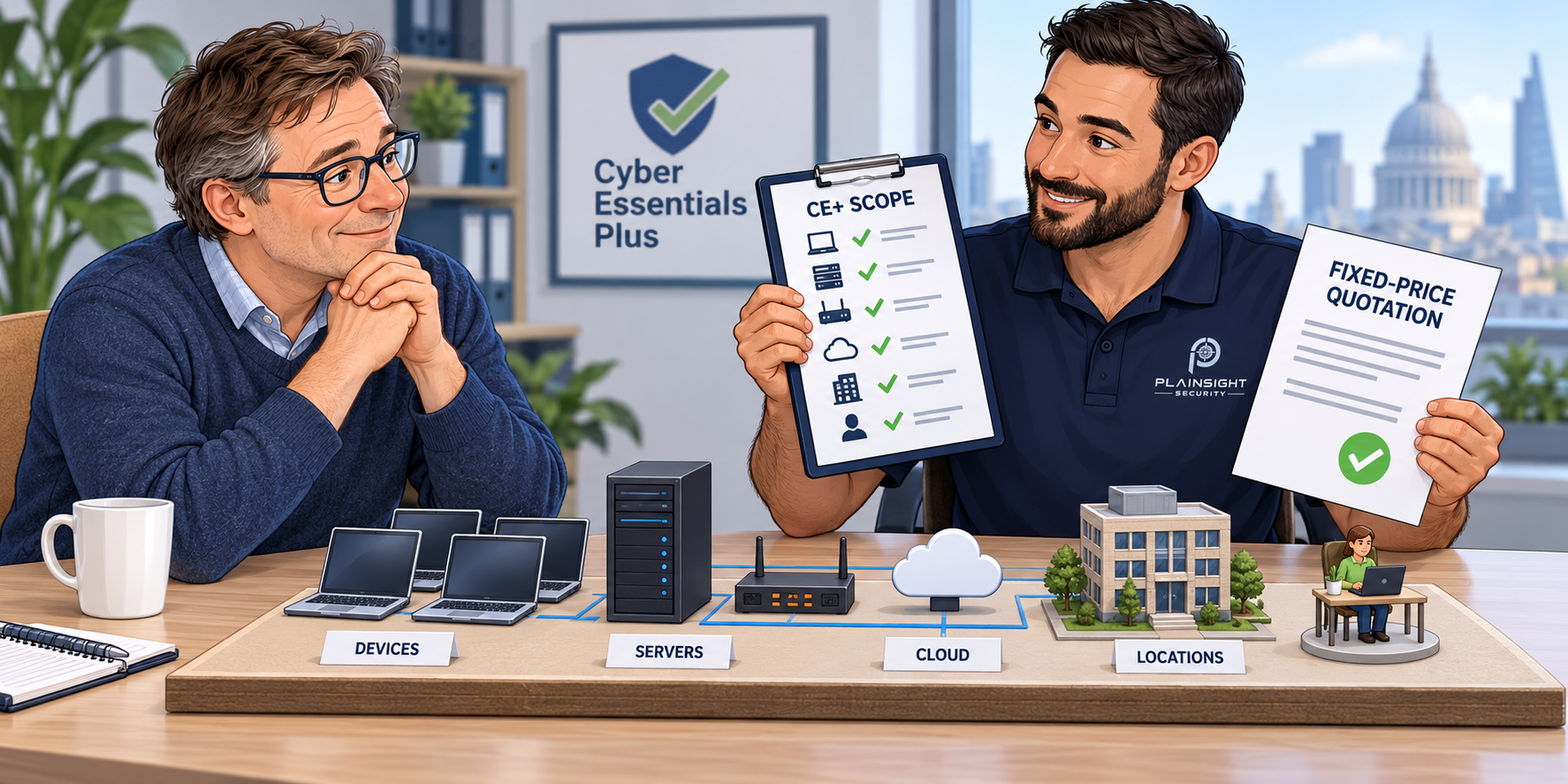 A customer being shown a CE+ scope checklist followed by a fixed price quotation by a Plainsight Security consultant