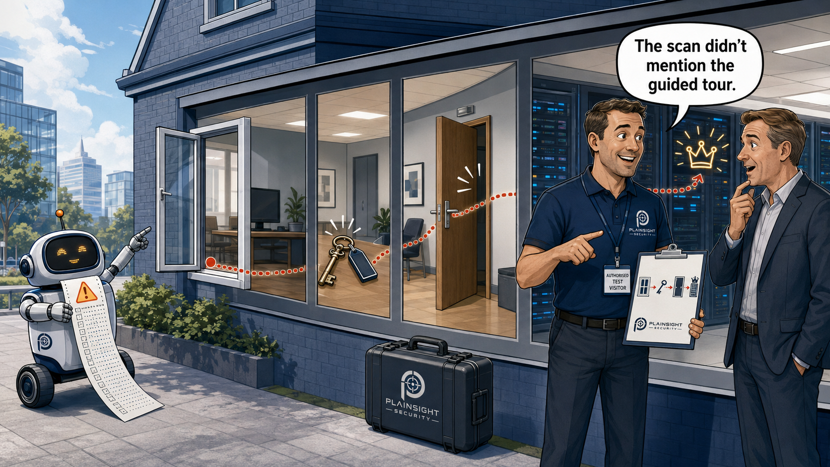 Automated vulnerability scanner identifying potential weaknesses while a penetration tester investigates their impact.