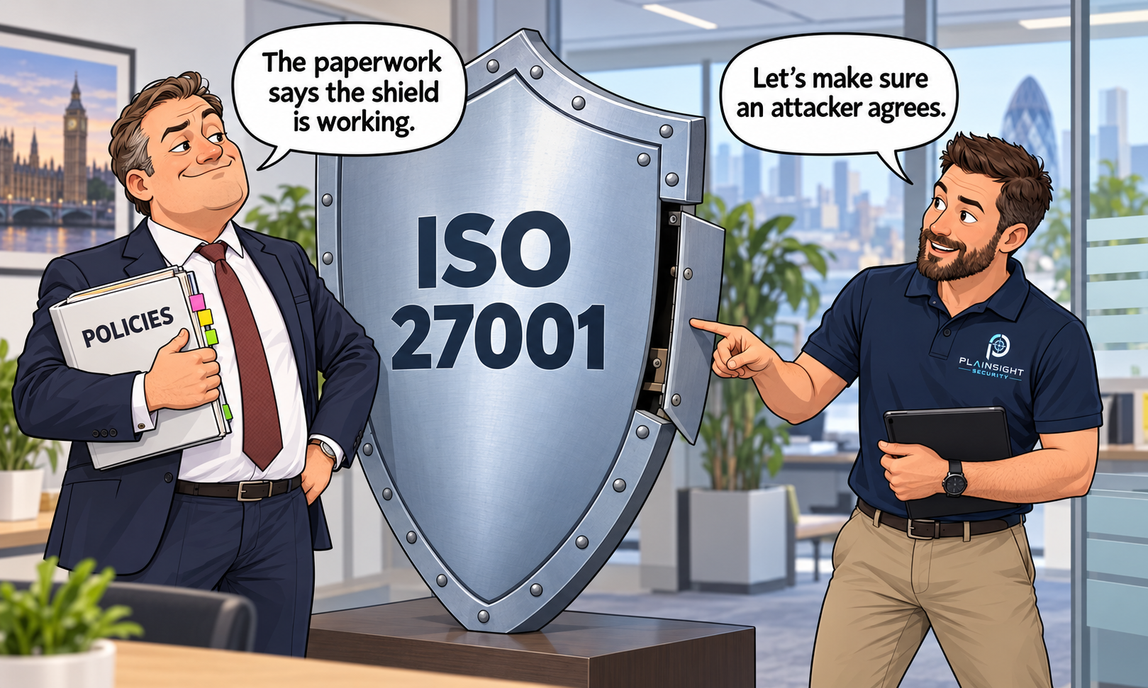 Cartoon showing a business owner holding ISO 27001 security policies while a Plainsight Security penetration tester identifies a weakness in a protective shield, illustrating how penetration testing verifies that security controls work in practice.