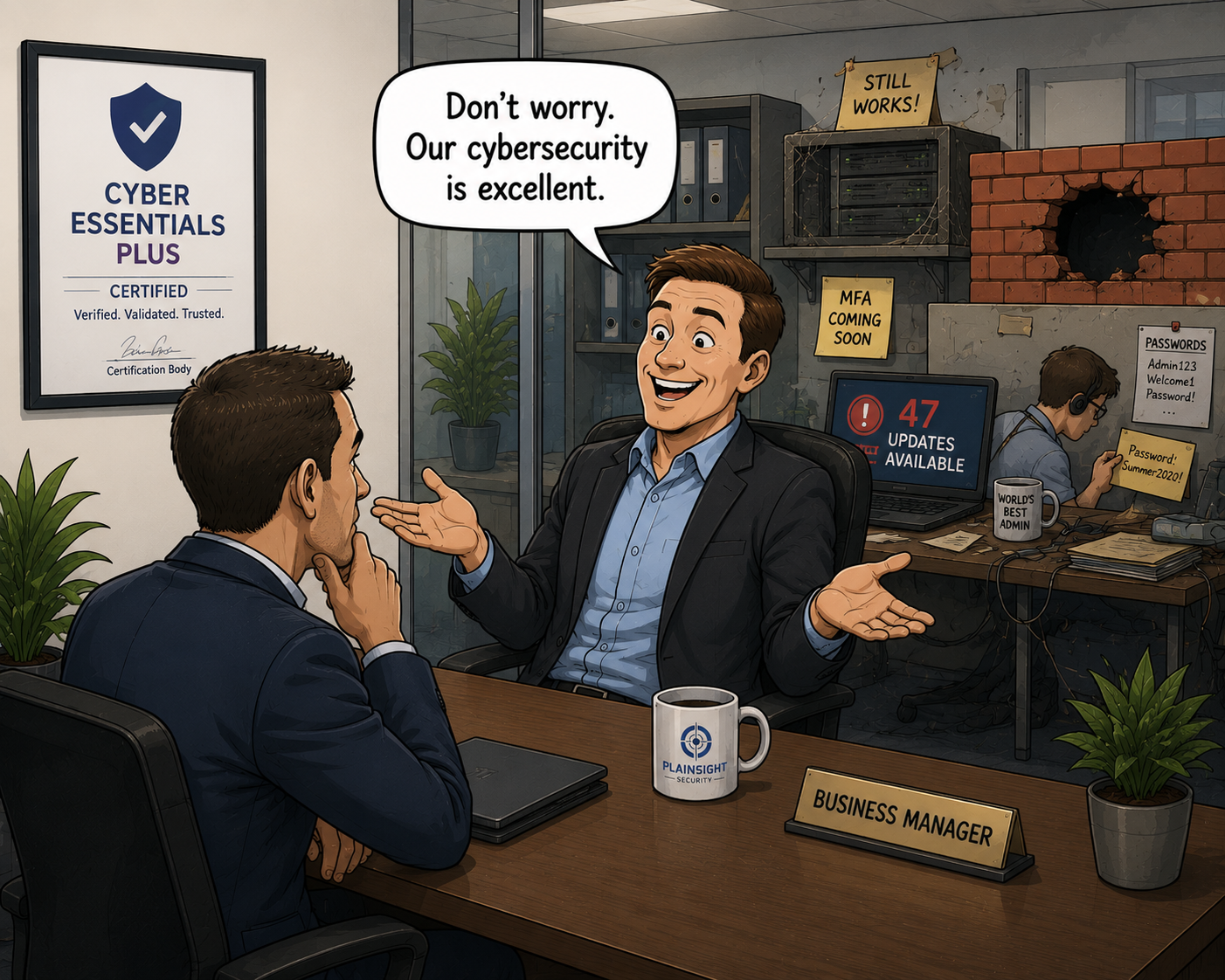Business owner discussing the customer confidence provided by independently verified Cyber Essentials Plus controls.