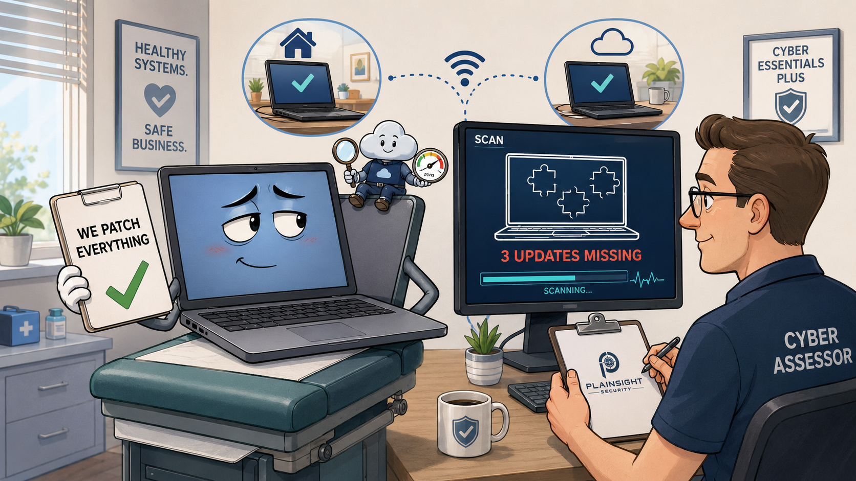 Cyber Essentials Plus assessor checking sampled business devices for missing updates and vulnerabilities.