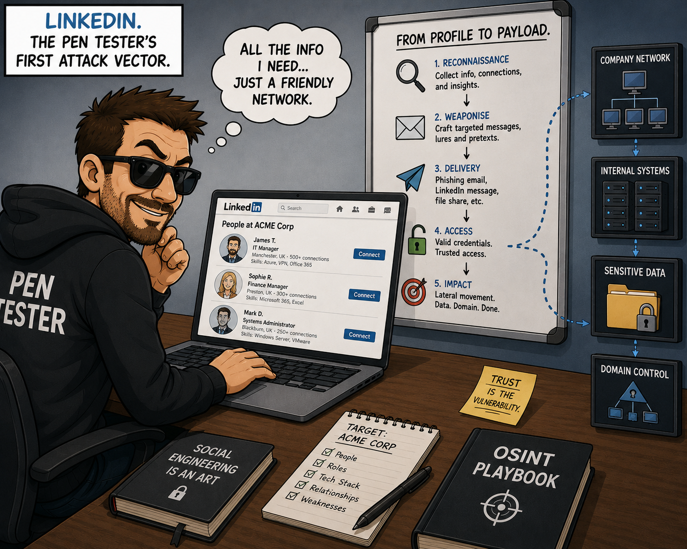 Attacker gathering useful company and employee information from an oversharing LinkedIn profile.